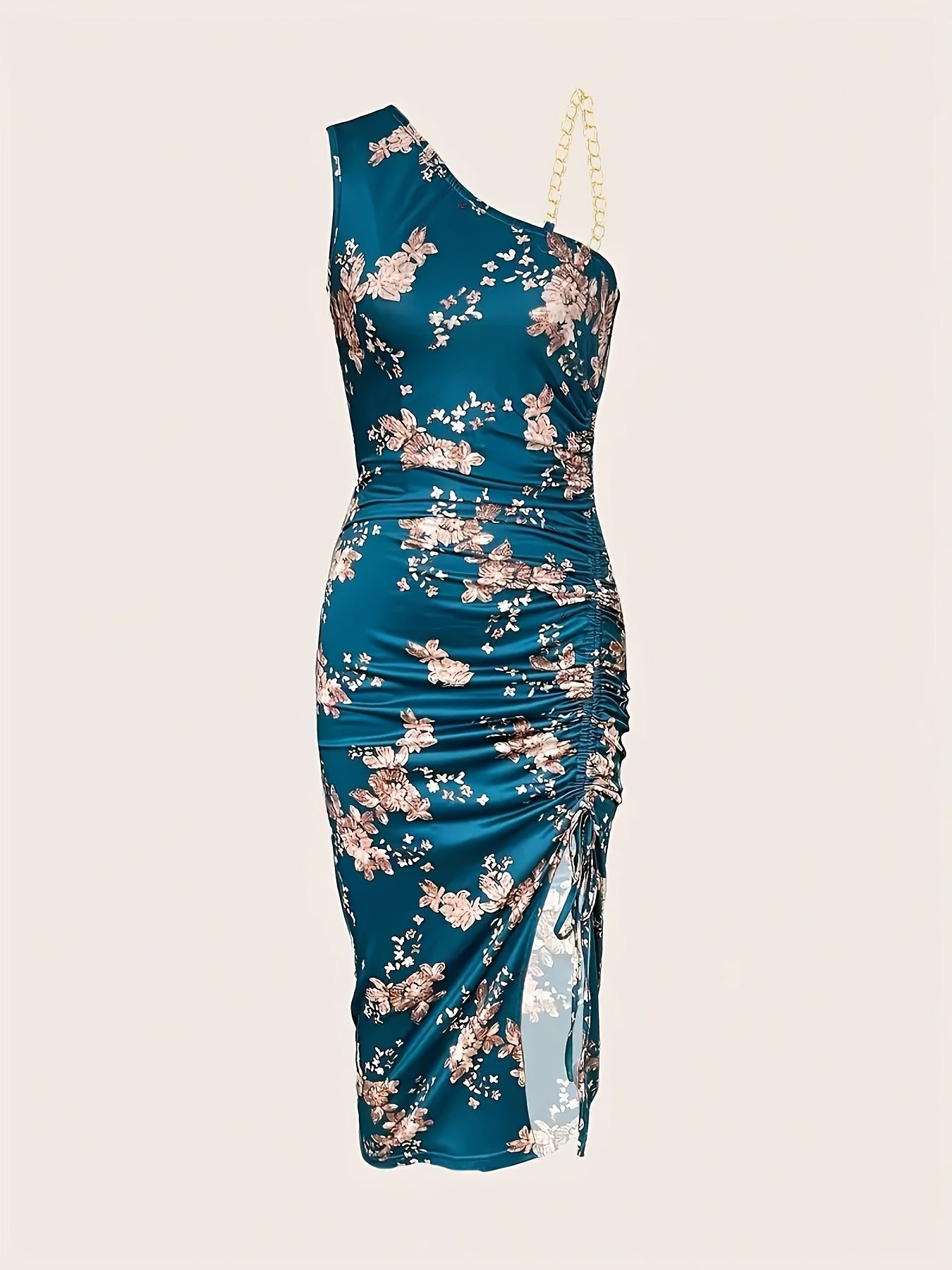Elegant Western-Style Printed Dress with Metallic Chain Drawstring, a Light Evening Gown for The Spring And Summer of 2025, Featuring Sexy Women'S Fashion.